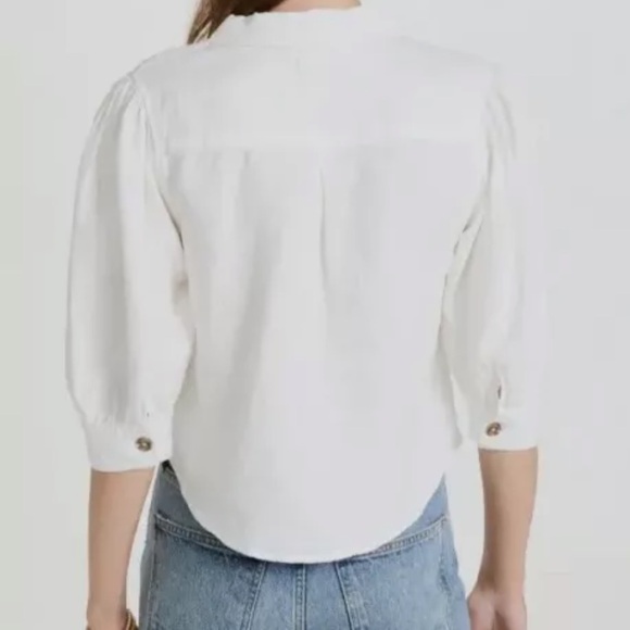 DL1961 Candace Puffed Sleeve Button Up Linen Shirt, white/cream, size large - Picture 3 of 10